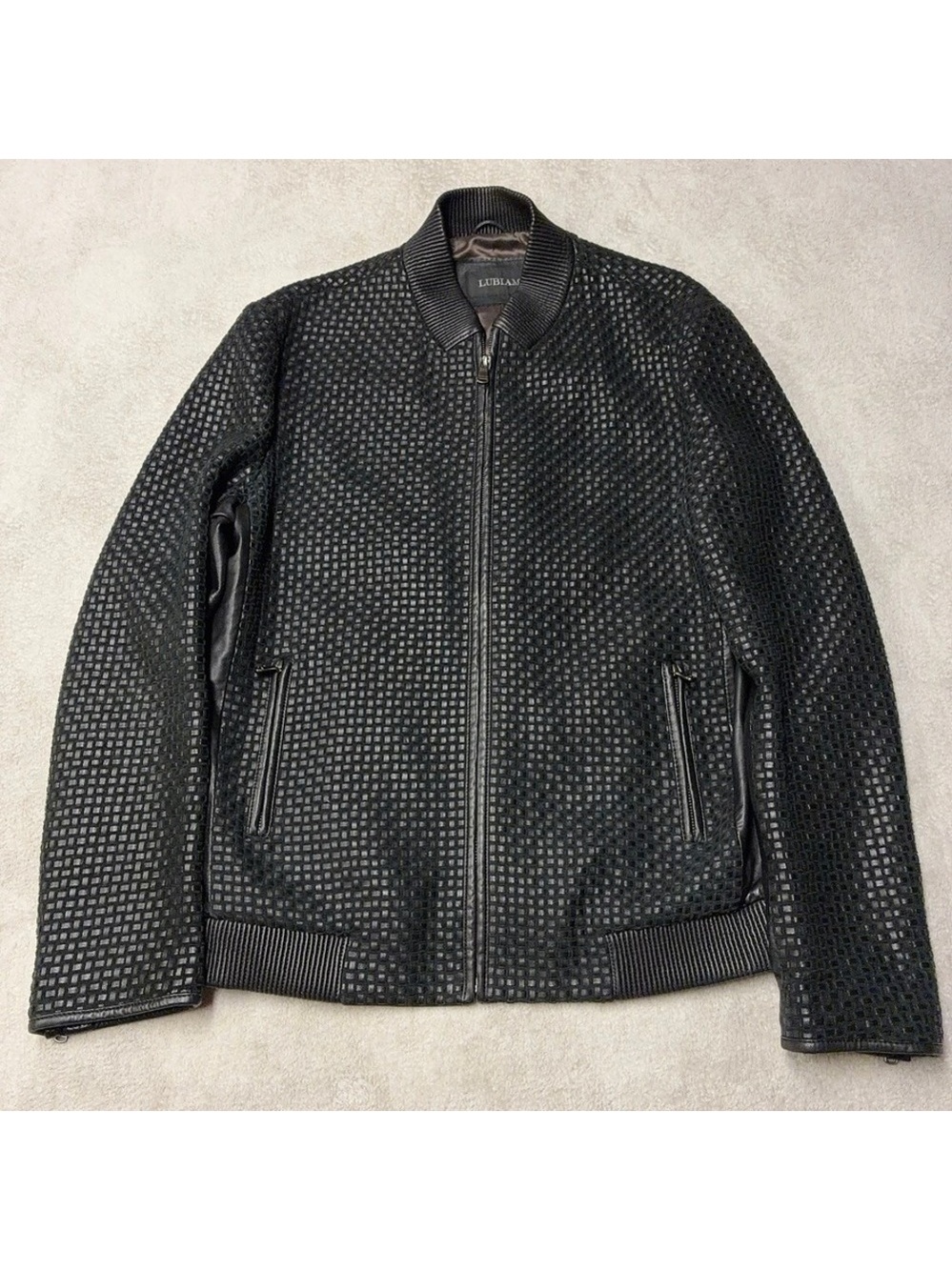 Lubiam Sheepskin Leather Bomber Jacket Black Woven Luxury Made in Italy EU 52